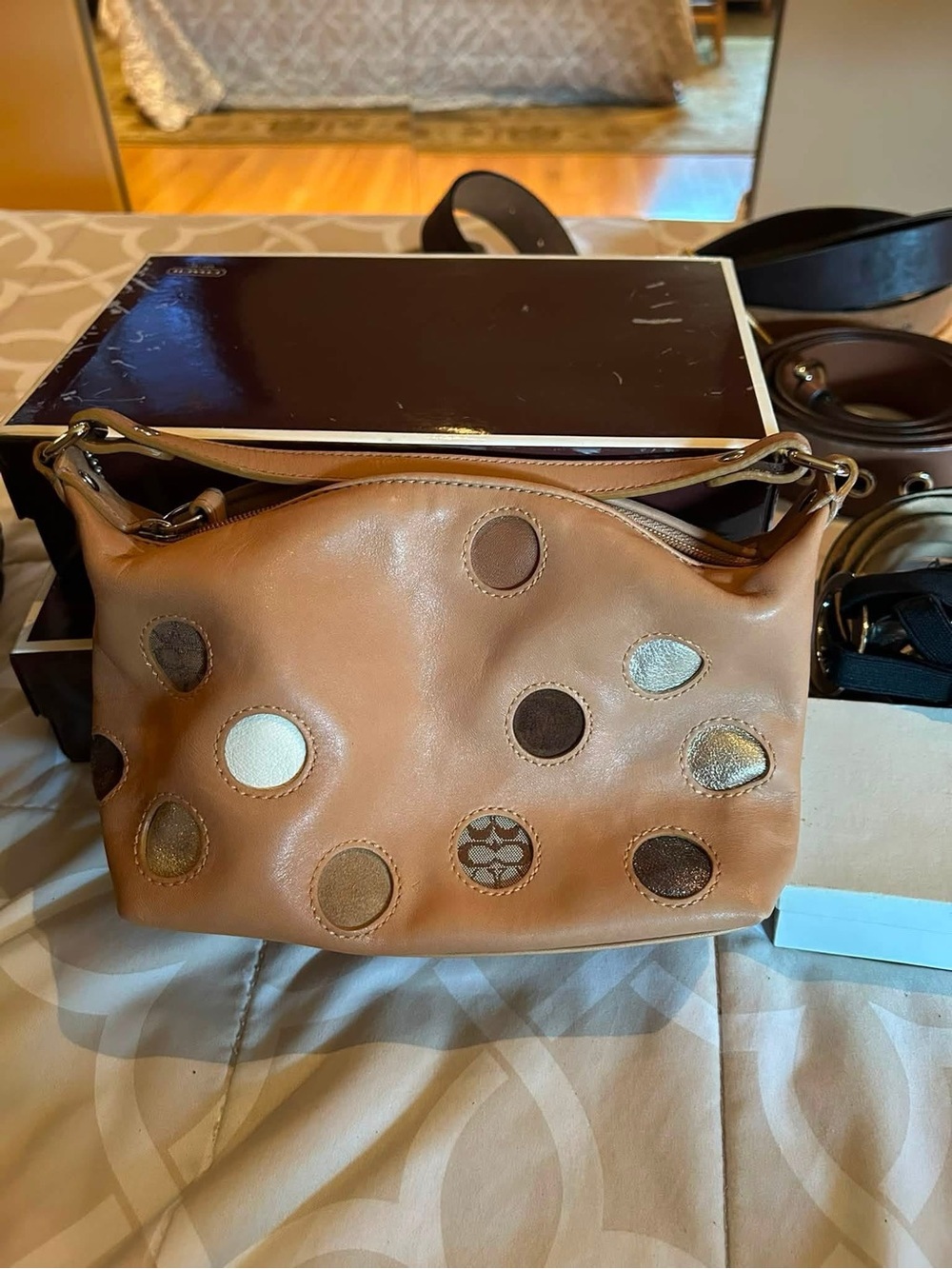 RARE Vtg COACH Brown polka dots leather miltocolored Y2K Demi mini bag